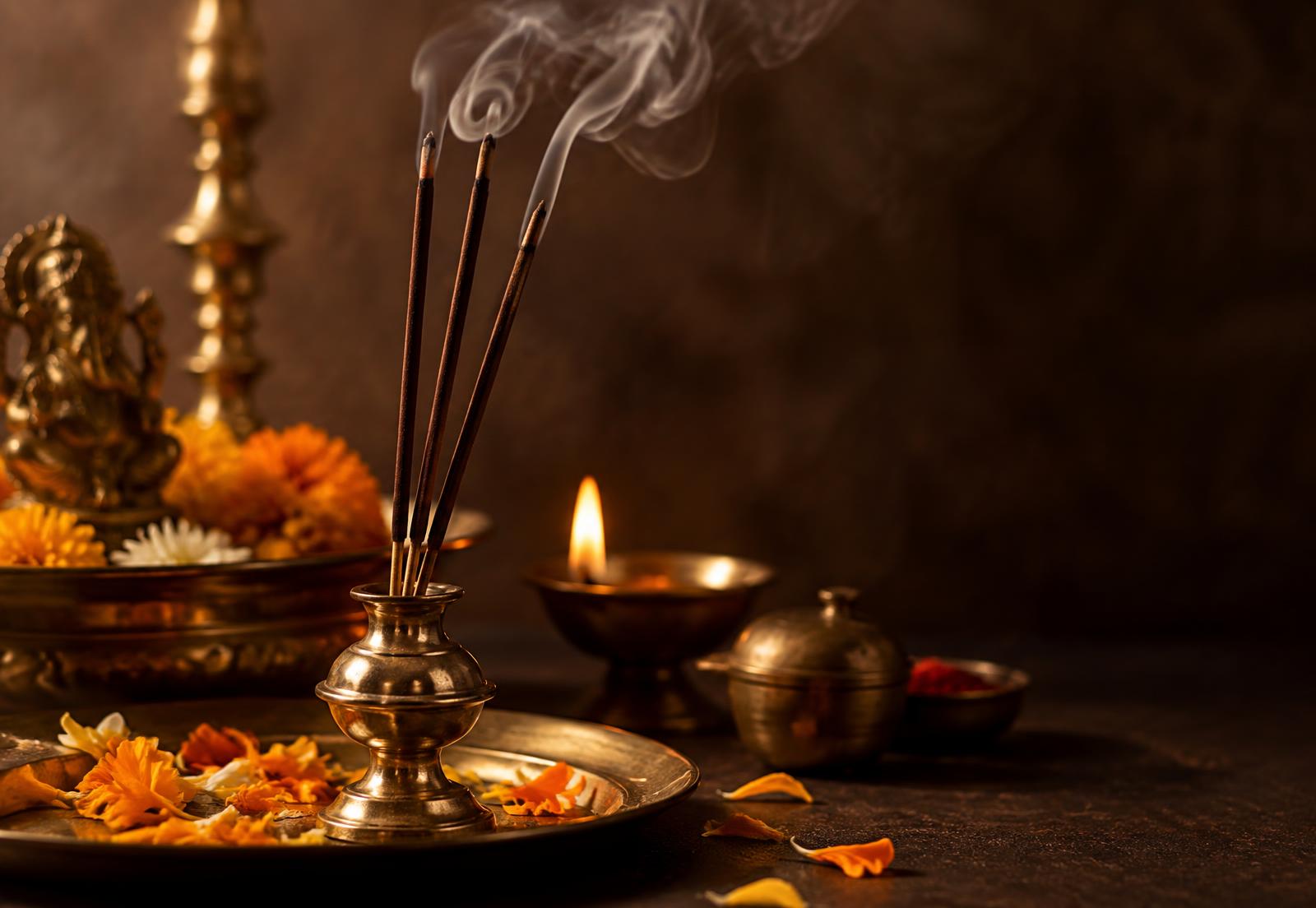 Burning incense sticks in a brass holder with soft smoke